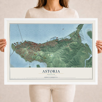 Map of Astoria, Oregon, 18 x 24 inch print in a white wood frame