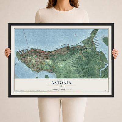 Map of Astoria, Oregon, 24 x 36 inch print in a black wood frame