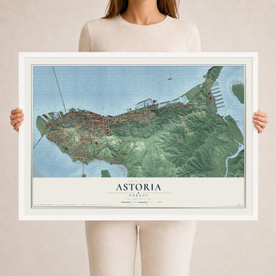 Map of Astoria, Oregon, 24 x 36 inch print in a white wood frame