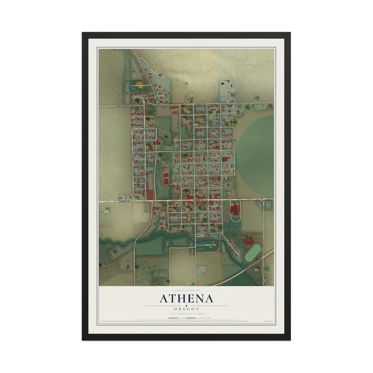 Map of Athena, Oregon, 12 x 18 inch print in a black wood frame
