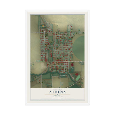 Map of Athena, Oregon, 12 x 18 inch print in a white wood frame