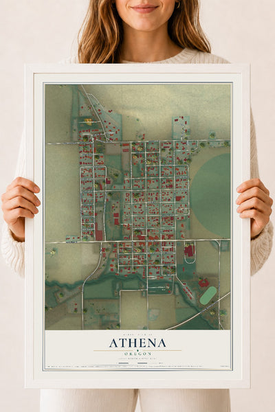 Map of Athena, Oregon, 18 x 24 inch print in a white wood frame