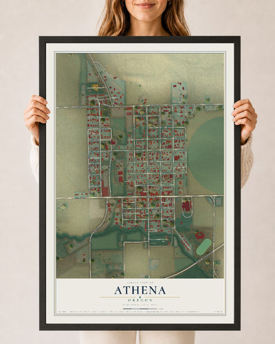 Map of Athena, Oregon, 24 x 36 inch print in a black wood frame