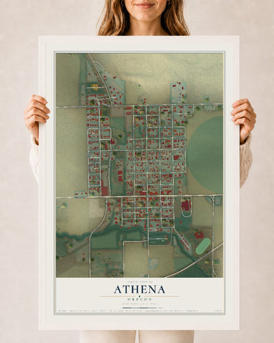 Map of Athena, Oregon, 24 x 36 inch print in a white wood frame
