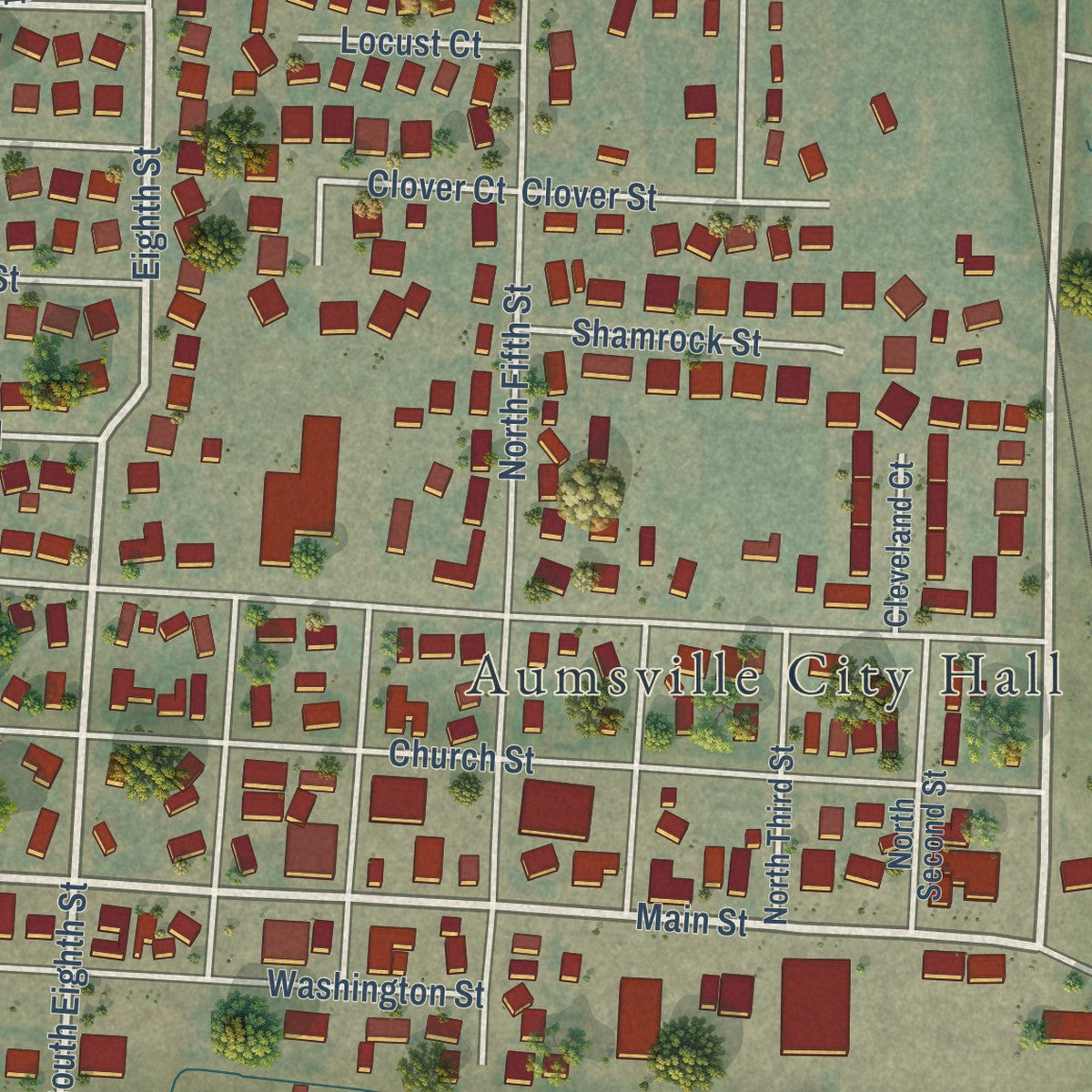 Close-up of the map of Aumsville, Oregon print showing street and building detail