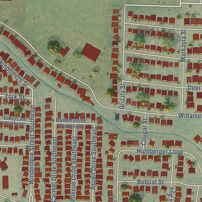 Second close-up of the map of Aumsville, Oregon print showing more streets and buildings
