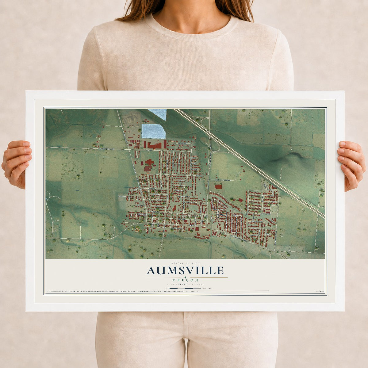 Map of Aumsville, Oregon, 12 x 18 inch print in a white wood frame