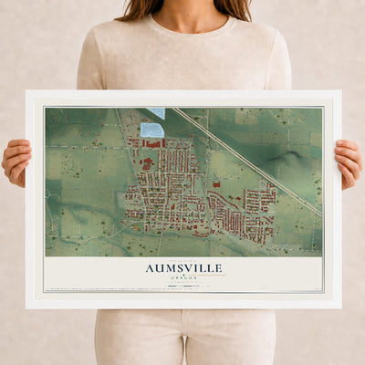 Map of Aumsville, Oregon, 12 x 18 inch print in a white wood frame