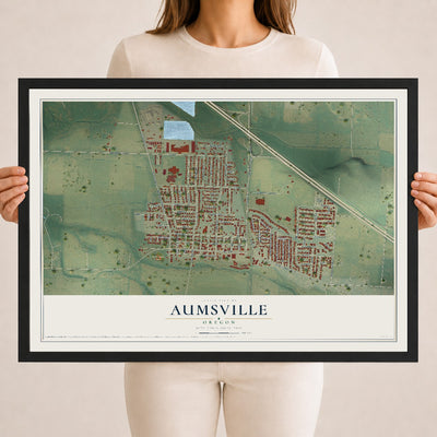 Map of Aumsville, Oregon, 18 x 24 inch print in a black wood frame