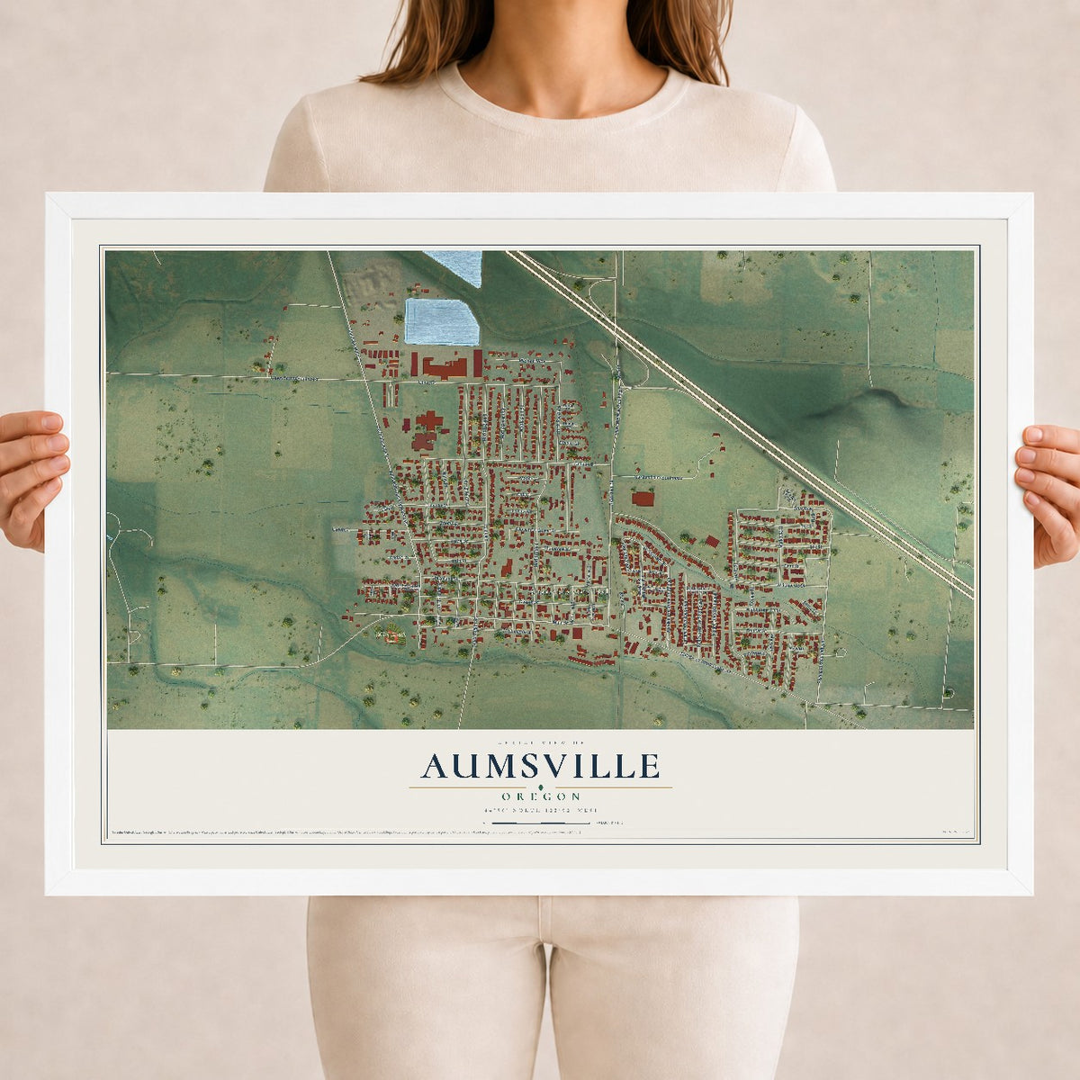 Map of Aumsville, Oregon, 18 x 24 inch print in a white wood frame