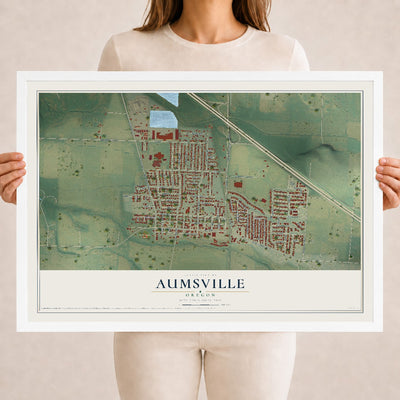 Map of Aumsville, Oregon, 18 x 24 inch print in a white wood frame