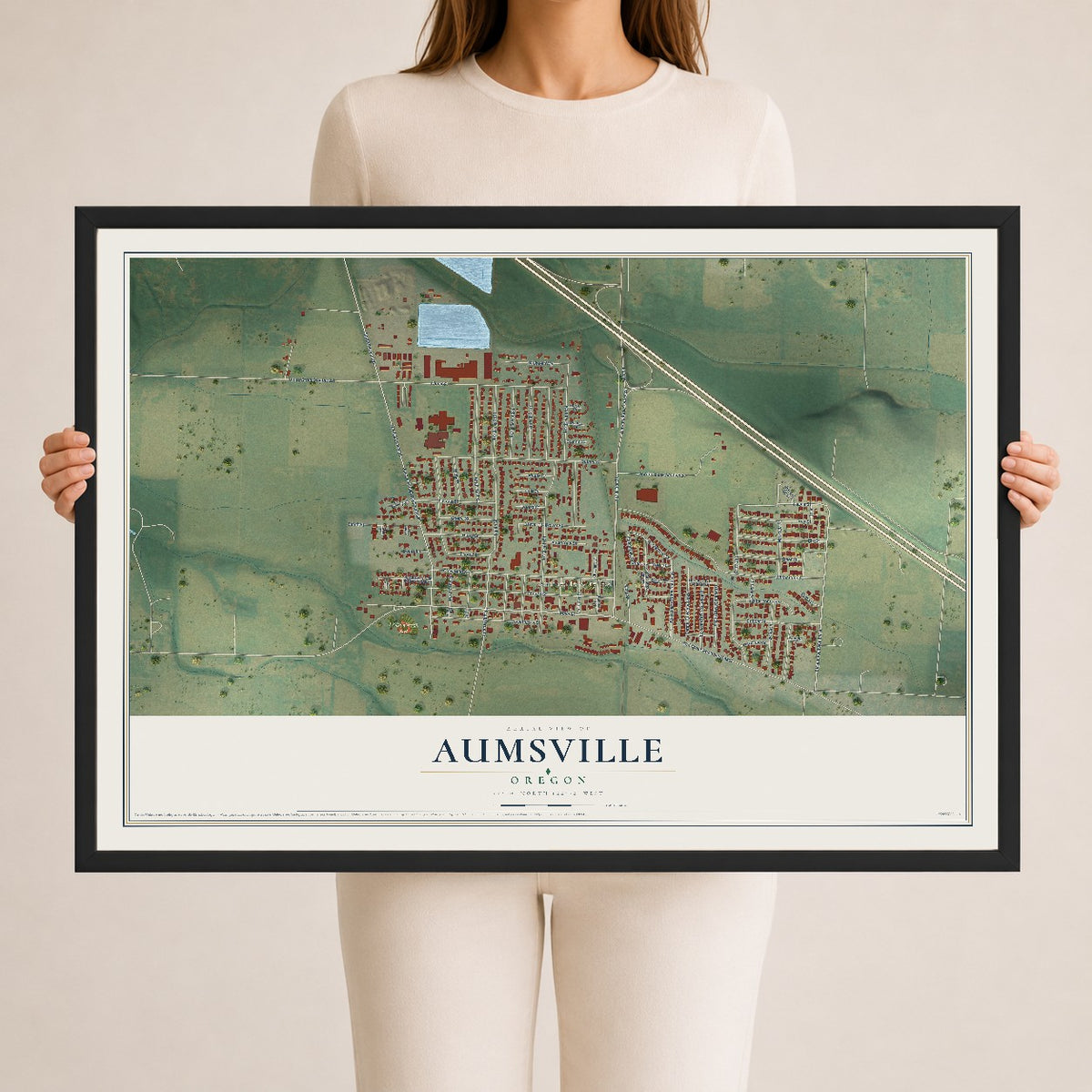 Map of Aumsville, Oregon, 24 x 36 inch print in a black wood frame