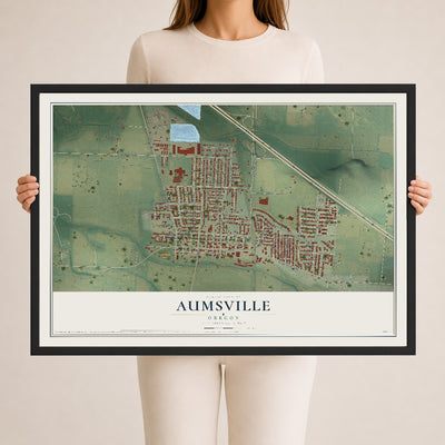 Map of Aumsville, Oregon, 24 x 36 inch print in a black wood frame