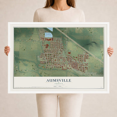 Map of Aumsville, Oregon, 24 x 36 inch print in a white wood frame