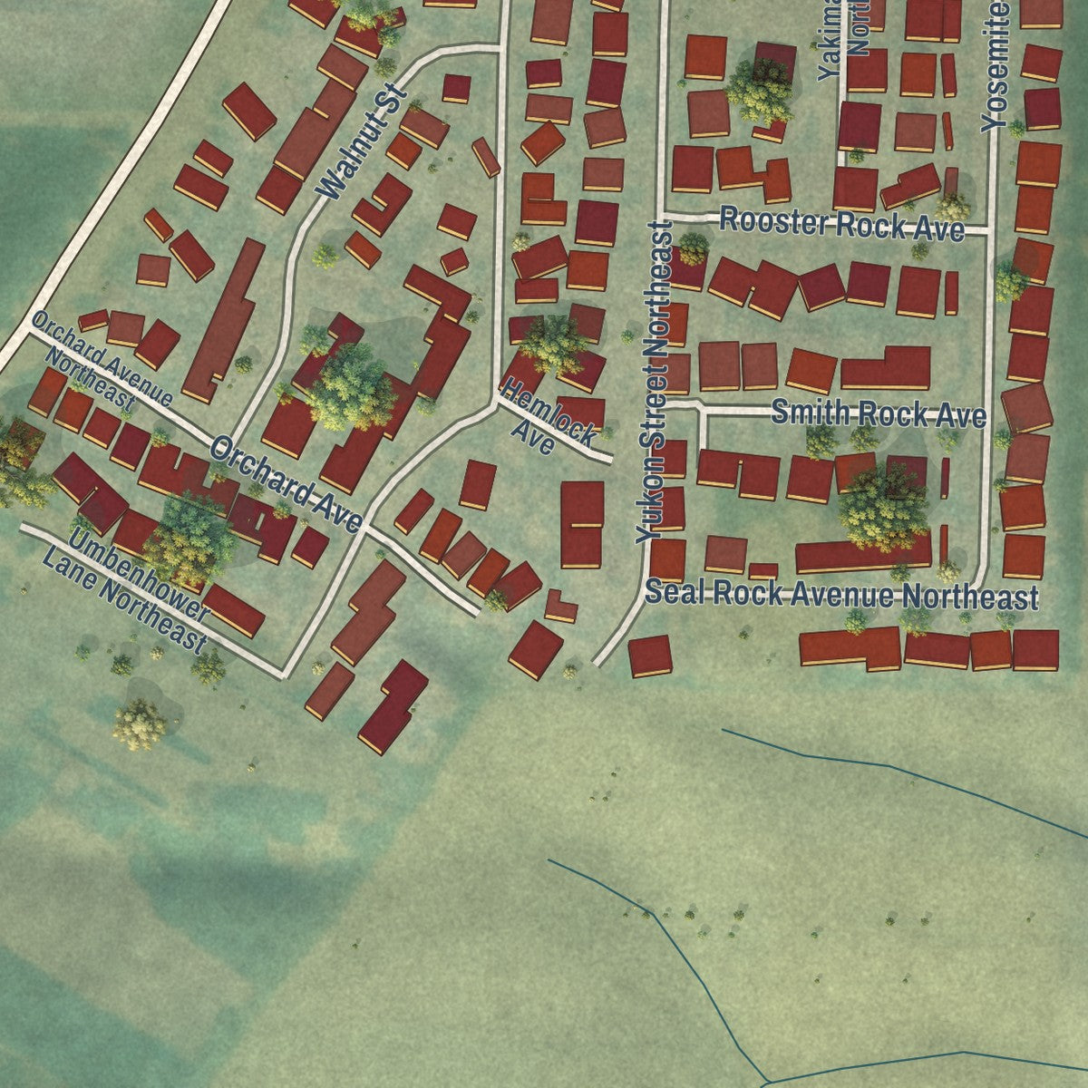 Close-up of the map of Aurora, Oregon print showing street and building detail
