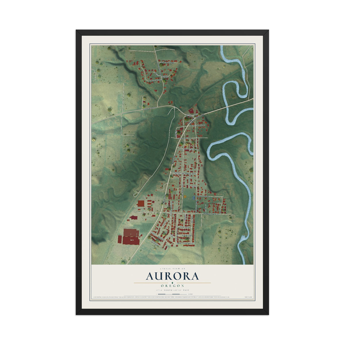 Map of Aurora, Oregon, 12 x 18 inch print in a black wood frame