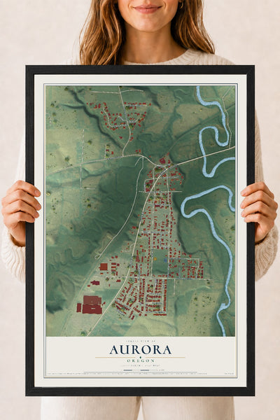 Map of Aurora, Oregon, 18 x 24 inch print in a black wood frame