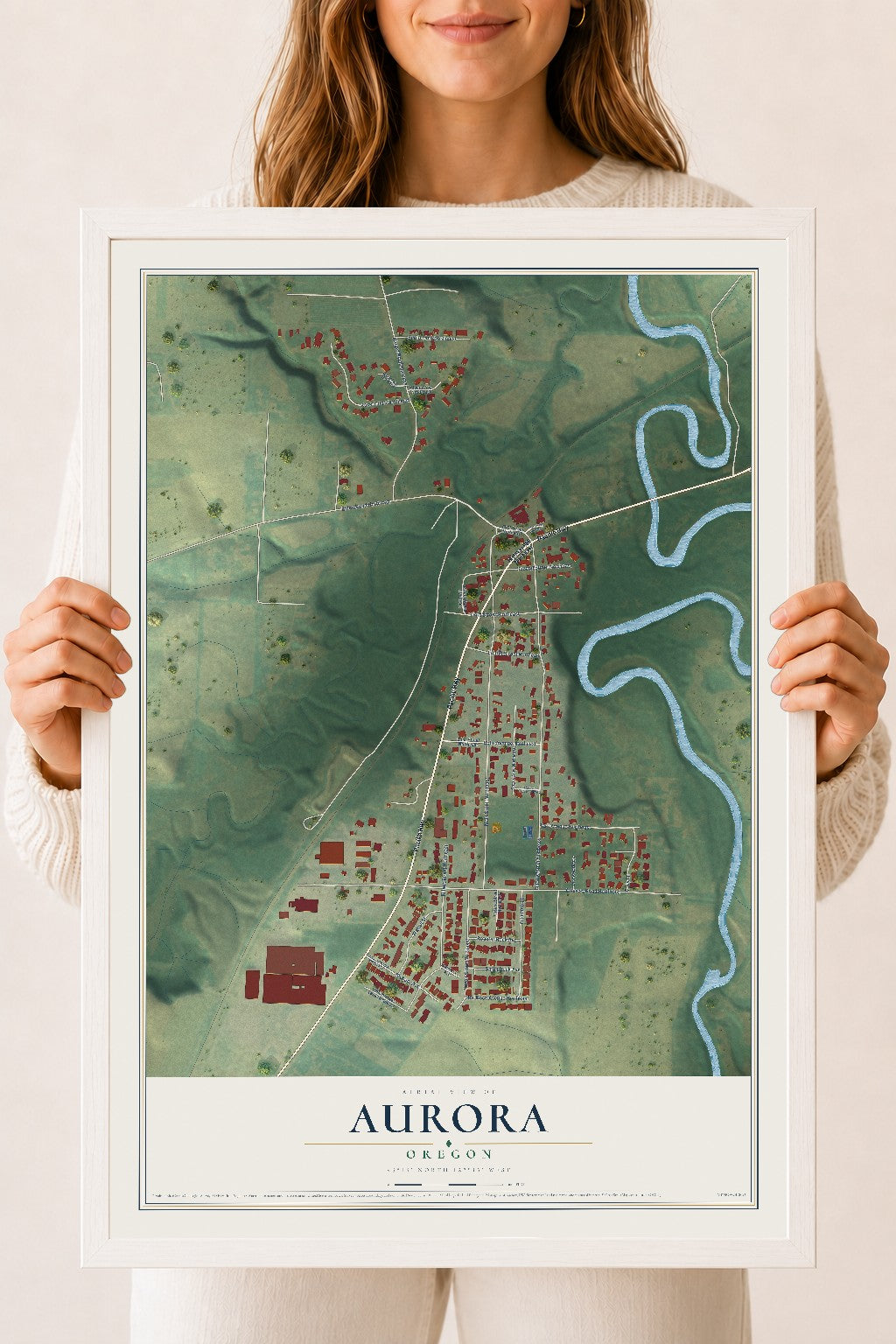 Map of Aurora, Oregon, 18 x 24 inch print in a white wood frame