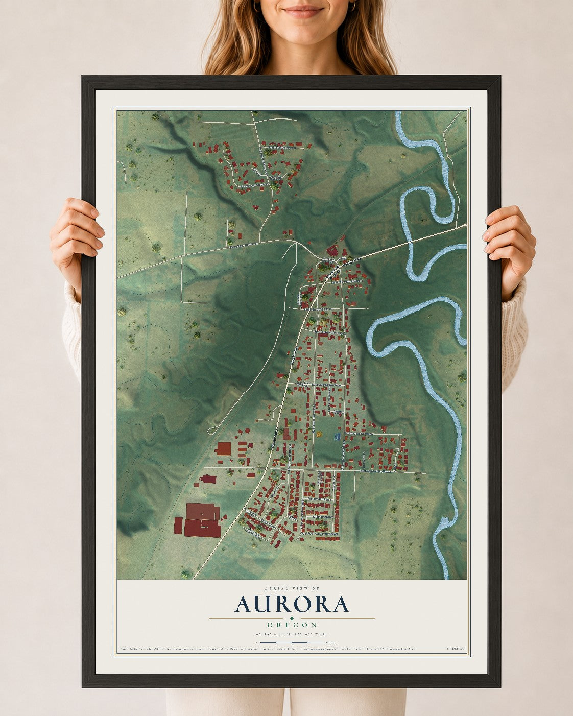 Map of Aurora, Oregon, 24 x 36 inch print in a black wood frame