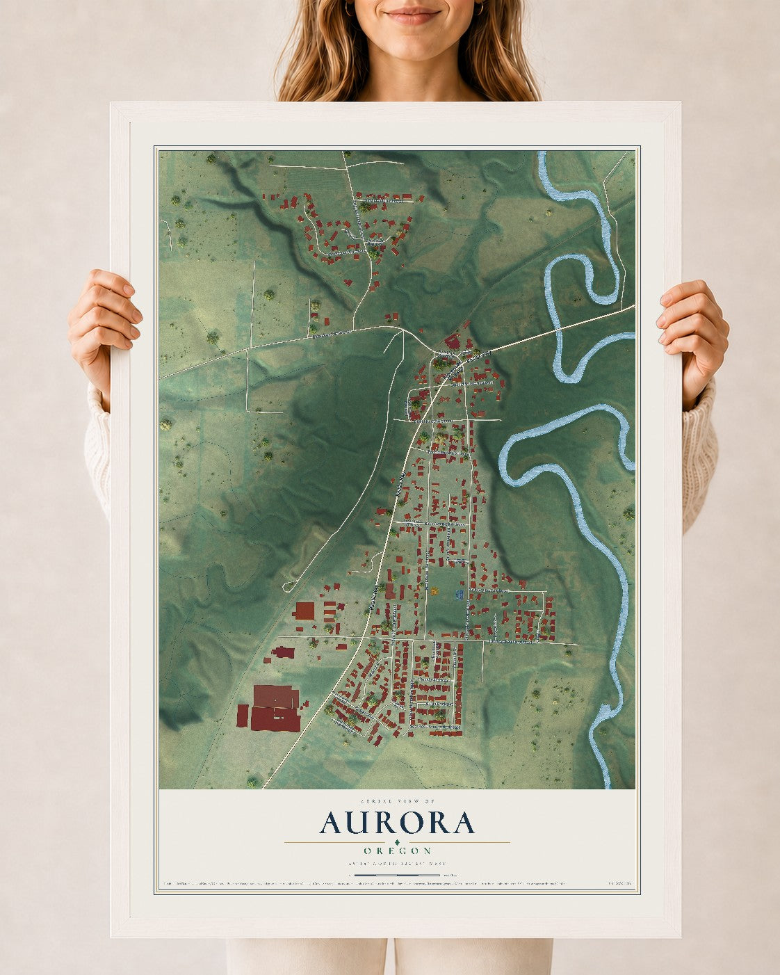 Map of Aurora, Oregon, 24 x 36 inch print in a white wood frame