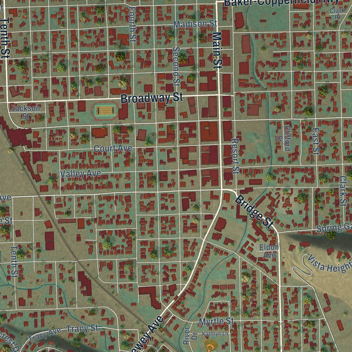 Close-up of the map of Baker City, Oregon print showing street and building detail