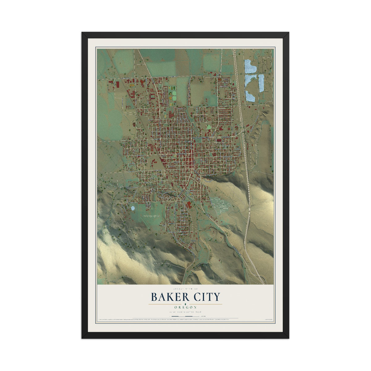 Map of Baker City, Oregon, 12 x 18 inch print in a black wood frame