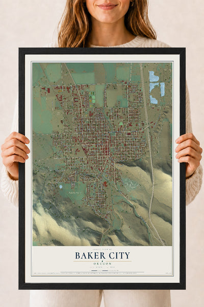 Map of Baker City, Oregon, 18 x 24 inch print in a black wood frame