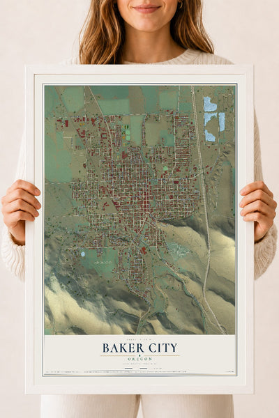 Map of Baker City, Oregon, 18 x 24 inch print in a white wood frame
