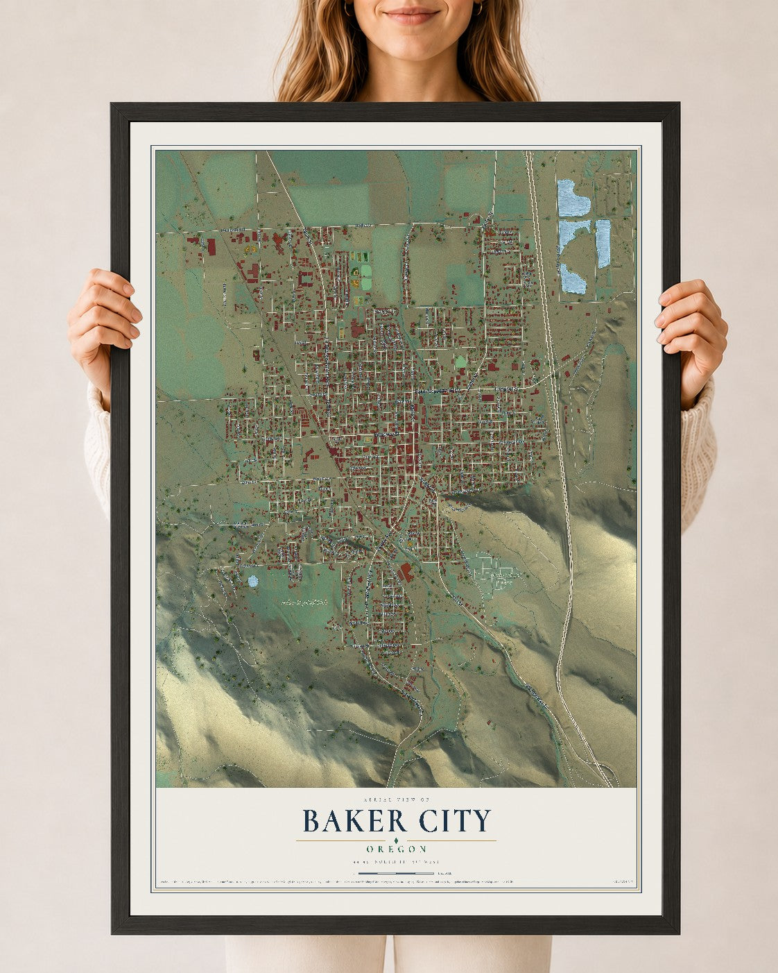 Map of Baker City, Oregon, 24 x 36 inch print in a black wood frame