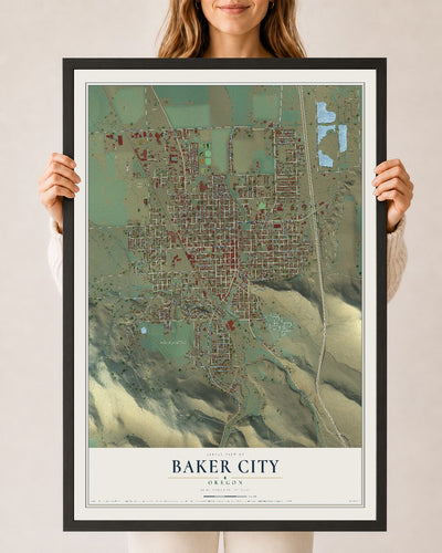 Map of Baker City, Oregon, 24 x 36 inch print in a black wood frame