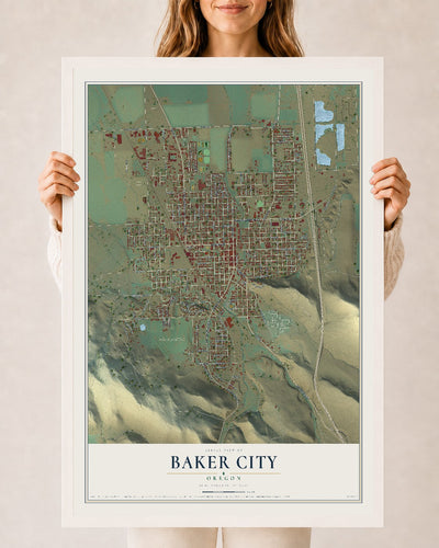 Map of Baker City, Oregon, 24 x 36 inch print in a white wood frame