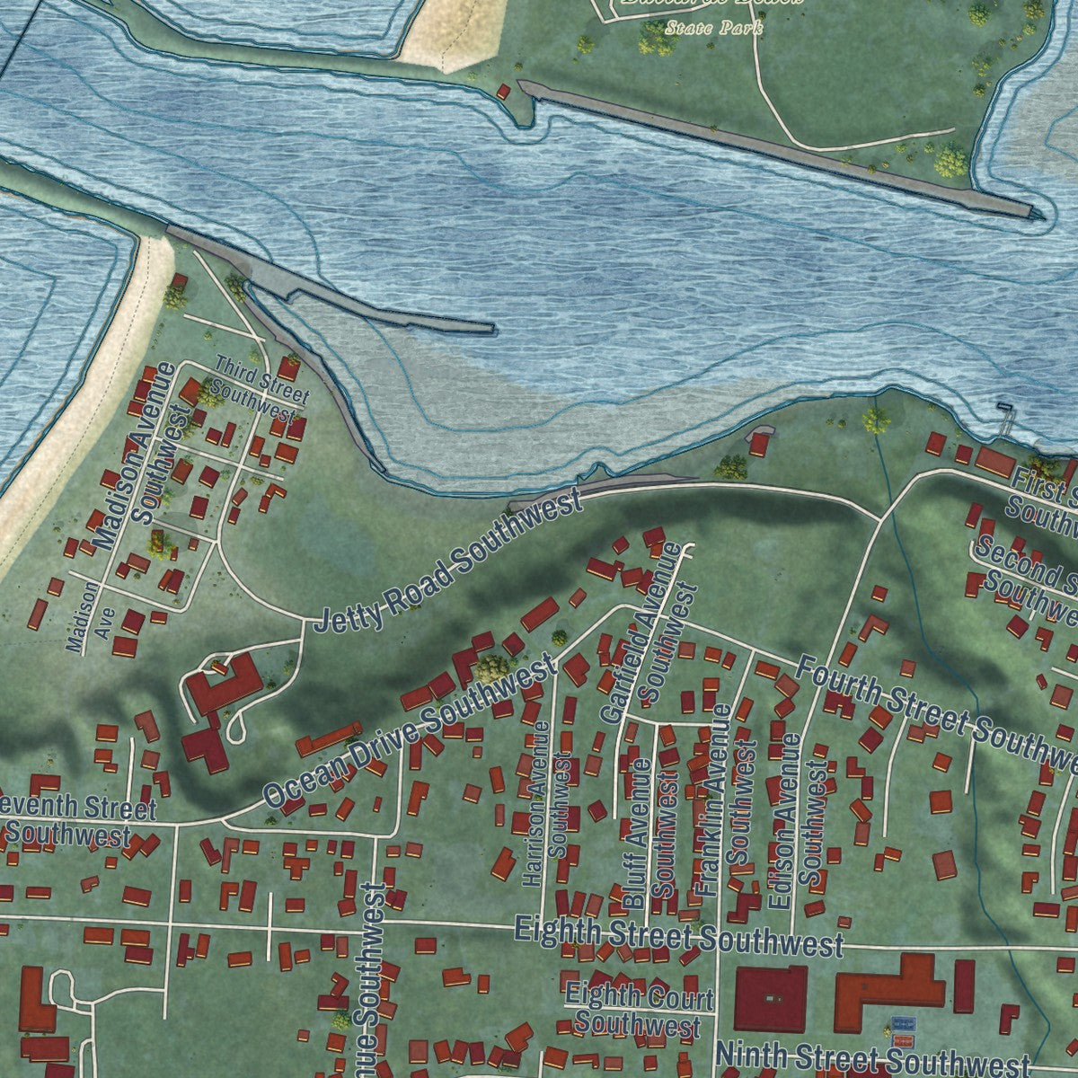Close-up of the map of Bandon, Oregon print showing street and building detail