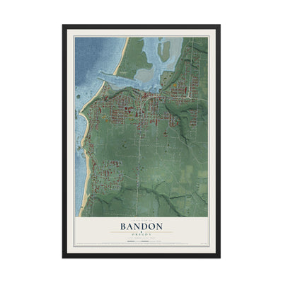 Map of Bandon, Oregon, 12 x 18 inch print in a black wood frame