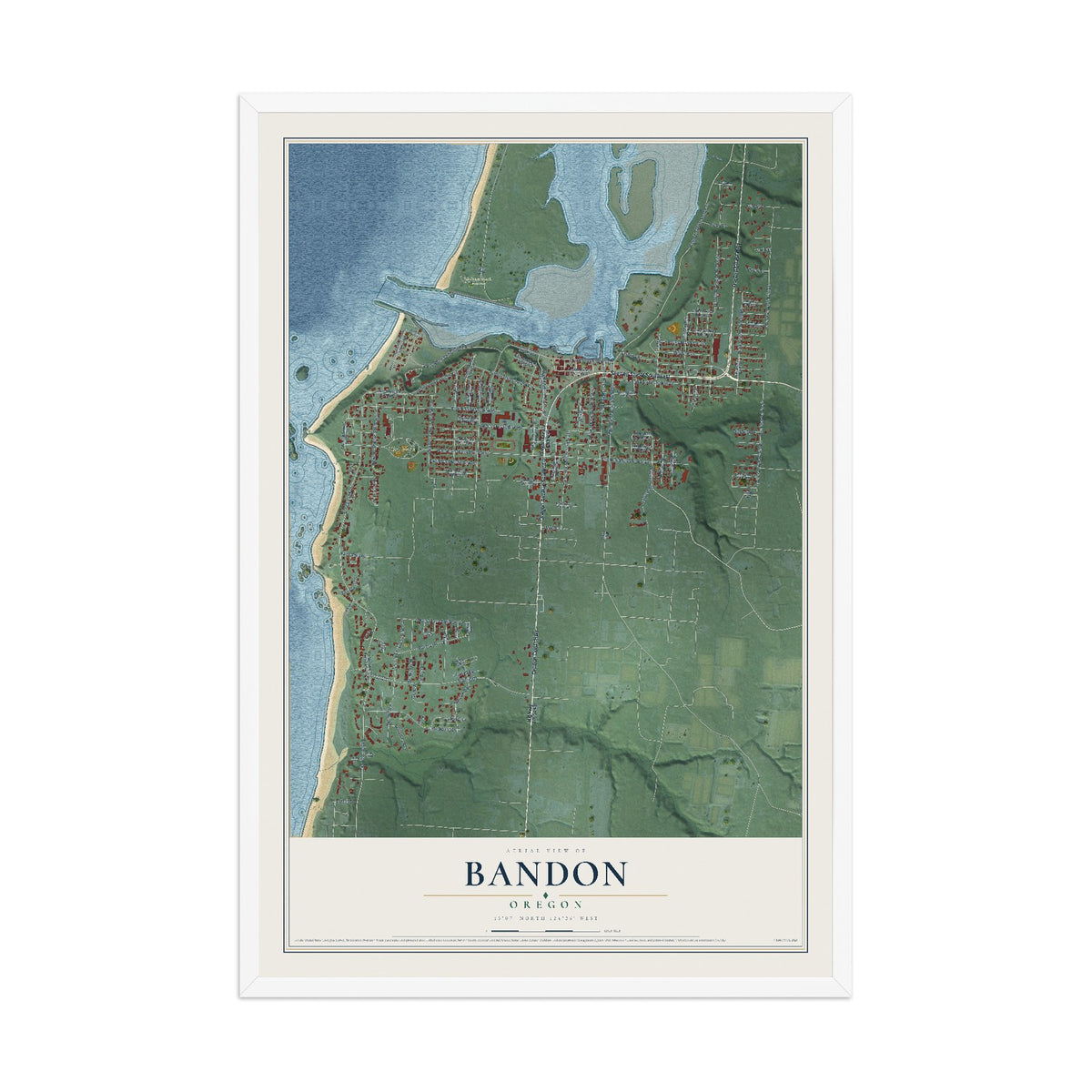Map of Bandon, Oregon, 12 x 18 inch print in a white wood frame