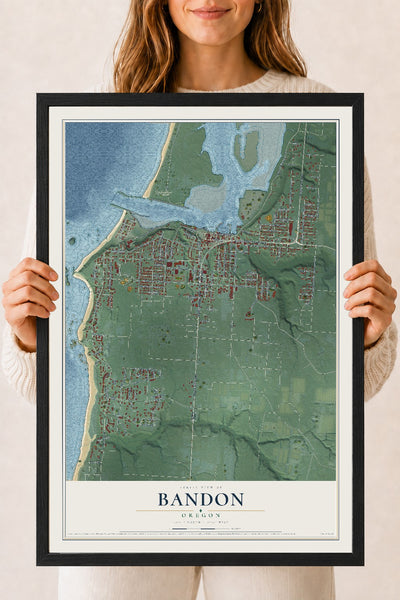 Map of Bandon, Oregon, 18 x 24 inch print in a black wood frame