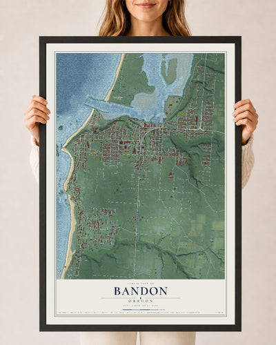 Map of Bandon, Oregon, 24 x 36 inch print in a black wood frame