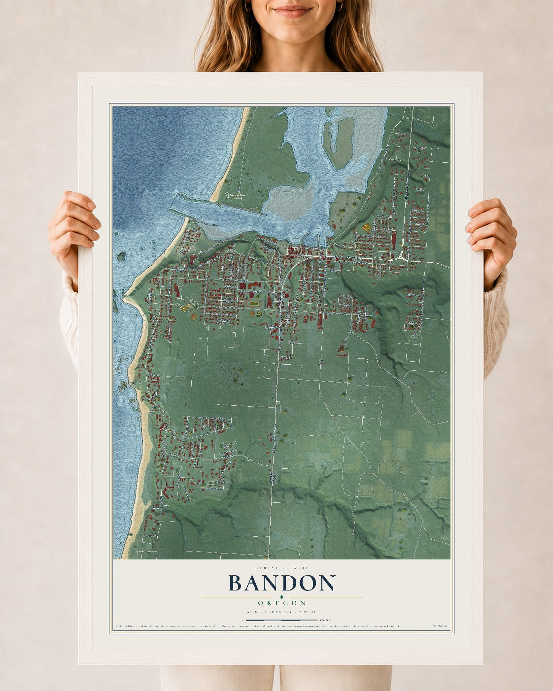 Map of Bandon, Oregon, 24 x 36 inch print in a white wood frame