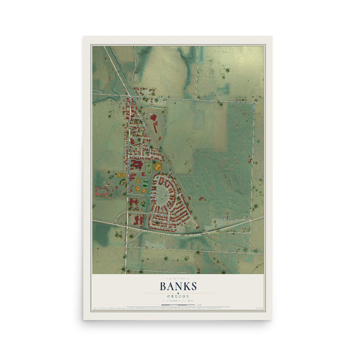 Map of Banks, Oregon, 12 x 18 inch unframed archival matte print