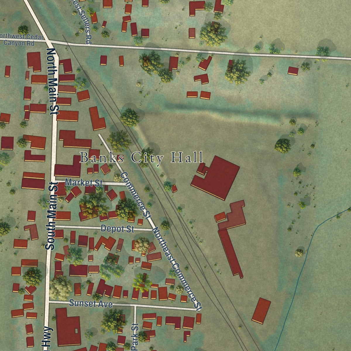 Second close-up of the map of Banks, Oregon print showing more streets and buildings