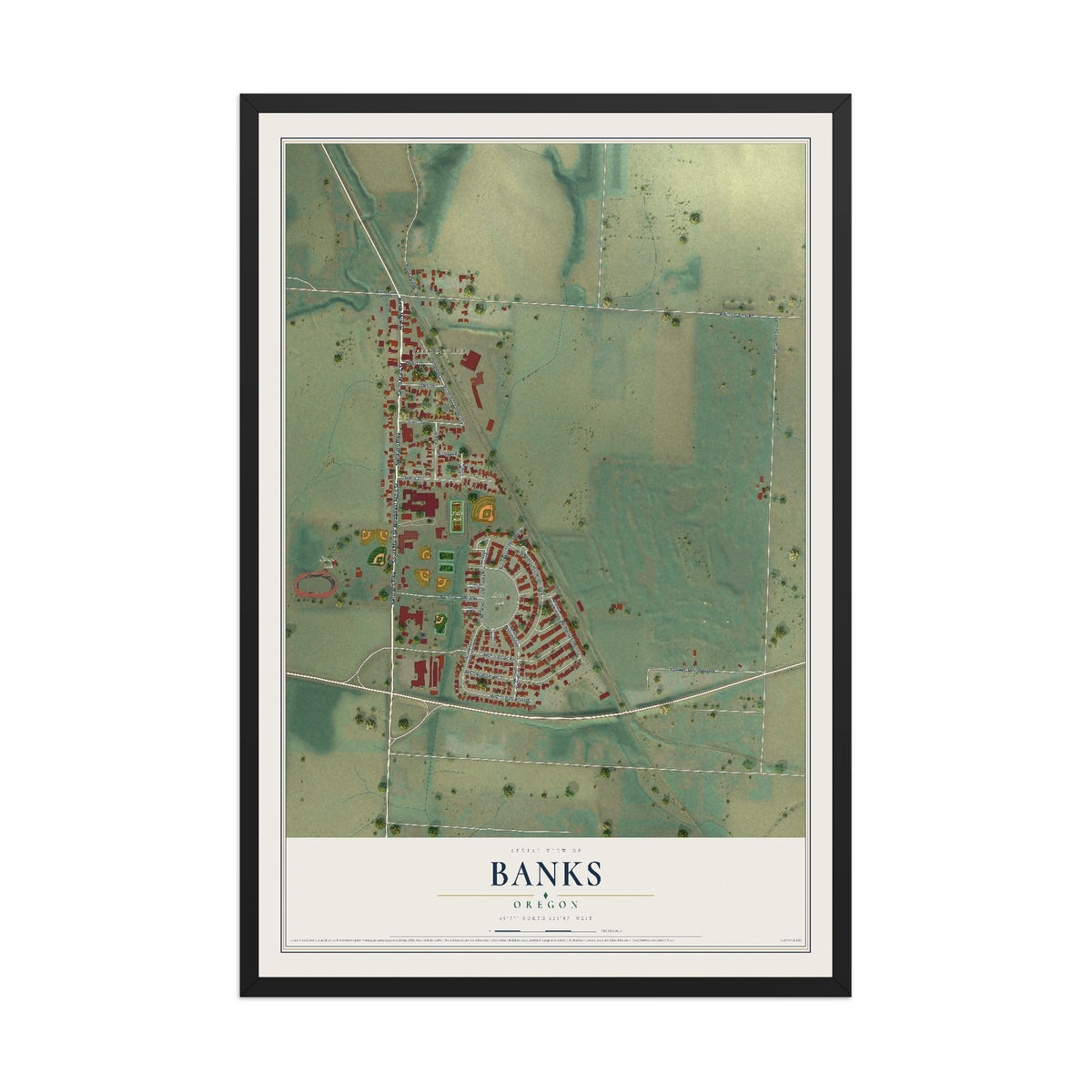 Map of Banks, Oregon, 12 x 18 inch print in a black wood frame