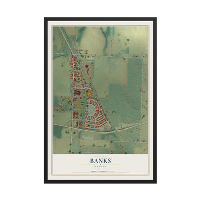 Map of Banks, Oregon, 12 x 18 inch print in a black wood frame