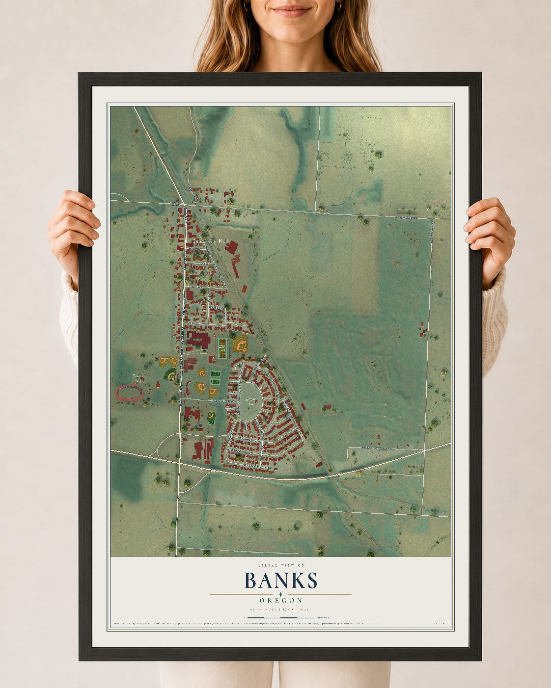 Map of Banks, Oregon, 24 x 36 inch print in a black wood frame