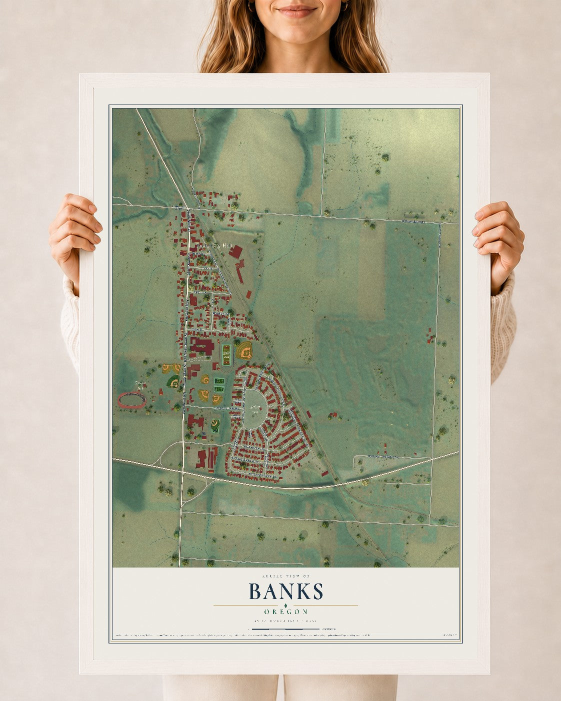 Map of Banks, Oregon, 24 x 36 inch print in a white wood frame