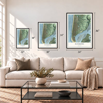 Bayshore, Oregon map in 12 x 18, 18 x 24 and 24 x 36 inch sizes above a sofa