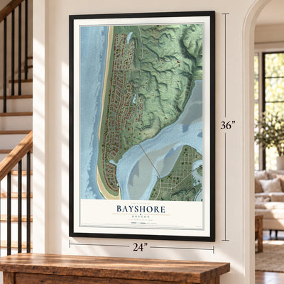 Bayshore, Oregon map, 24 x 36 inch print in a black frame by a staircase