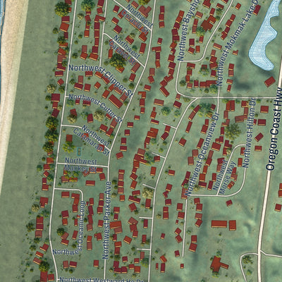 Close-up of the map of Bayshore, Oregon print showing street and building detail