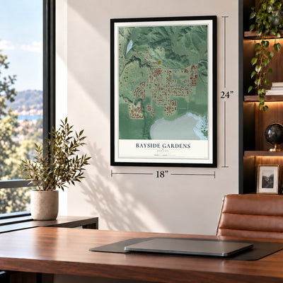 Bayside Gardens, Oregon map, 18 x 24 inch print in a black frame in a home office