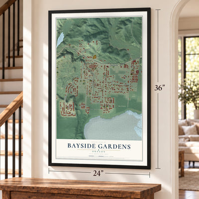 Bayside Gardens, Oregon map, 24 x 36 inch print in a black frame by a staircase