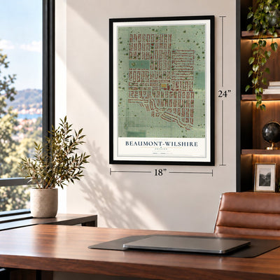 Beaumont-Wilshire, Oregon map, 18 x 24 inch print in a black frame in a home office