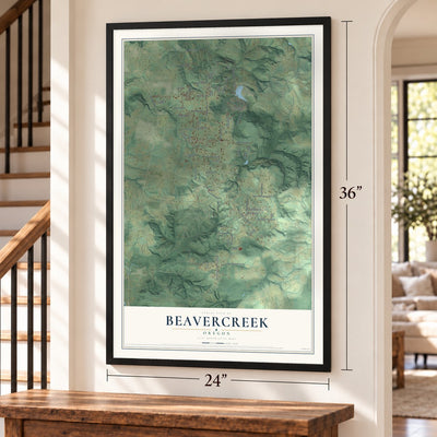 Beavercreek, Oregon map, 24 x 36 inch print in a black frame by a staircase